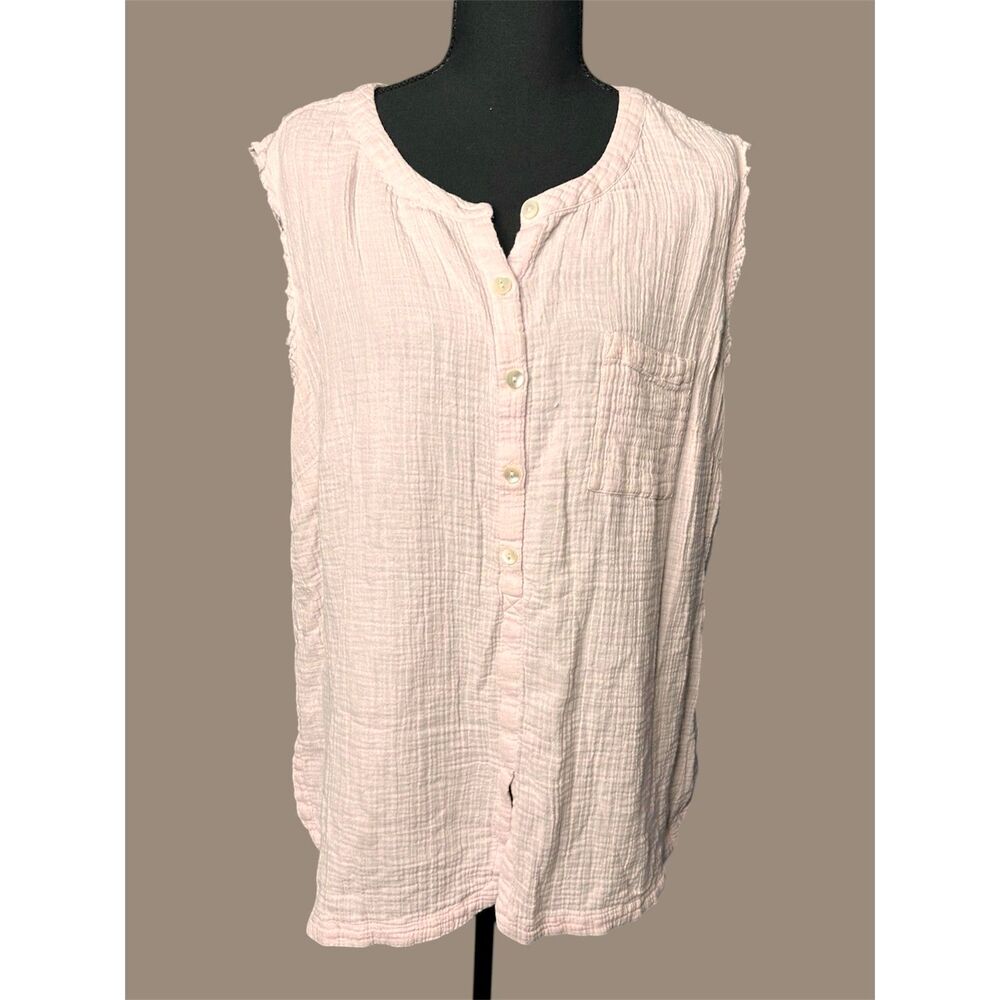 J. Jill Pure Womens Gauzy Cotton Frayed Henley Sz PL Pastel Popover Minimalist